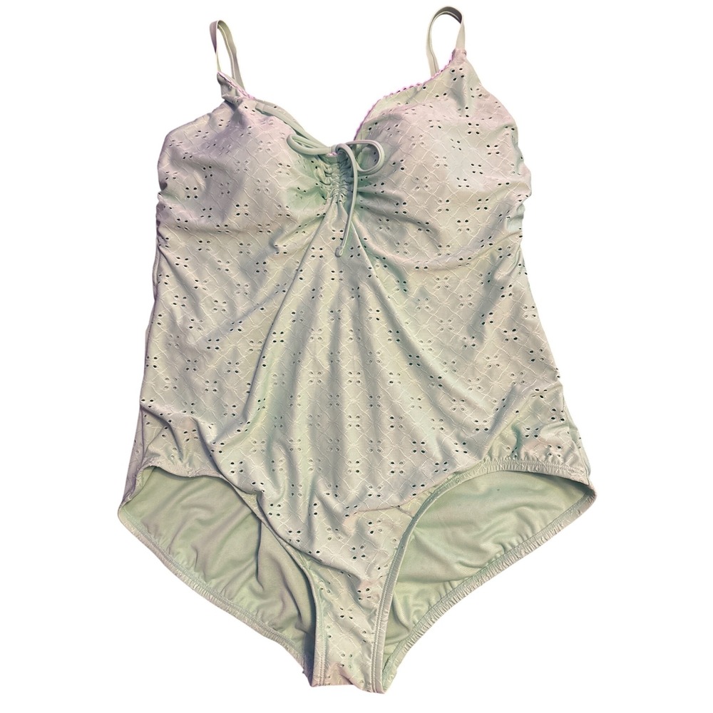 Time and Tru Eyelet One Piece Swimsuit Lime Green Ruched Tie Plus Size 2X